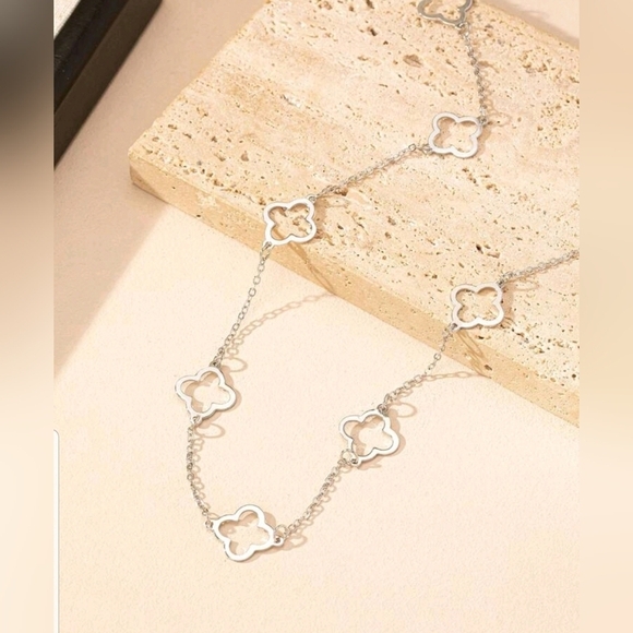 Four Leaf Clover Silver   Long  Necklace - Picture 3 of 4